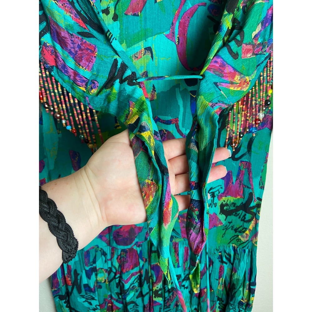 Vintage Carol Little Womens Peasant Style Dress Printed Green Size 4 Beaded - Picture 4 of 11